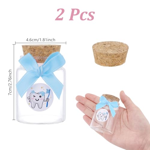 2 stuks glazen flessen voor tandopslag, 4,5 x 7 cm glazen flessen met Cork Glas Dental Keepsake met Blue Bow Tie en Tanden Stickers voor het houden van geheugen