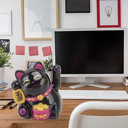 Fortune Lucky Cat Chinese decoratie zwaaien Arm Zonnelicht inductiebeeld Figurine voor Home Car Ornaments (Sit Sideways Black) 5