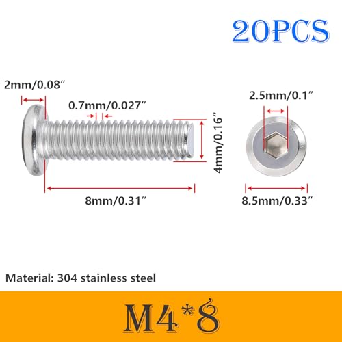 Verpakking van 20 Roestvrij staal 304 M4 x 8 mm Roestvrij staal Flat Head Schroeven Hex Head Schroeven Volledige Thread