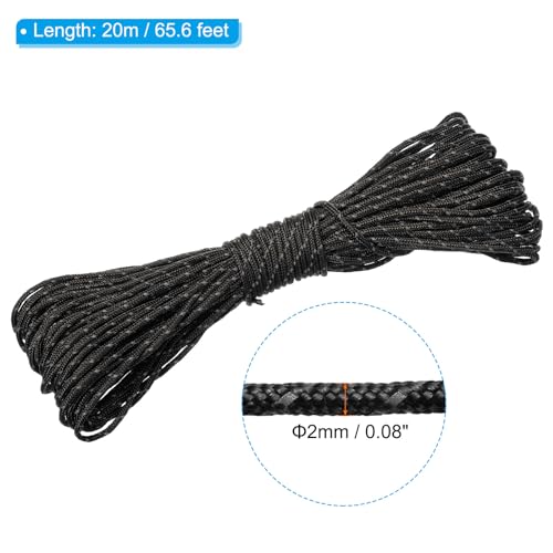 65 voet Reflecterende Guyline Camping Paracord, 2mm Tent Cord Guyline Touw Nylon Paracord Touw voor Camping Tent Tarp Wandelen, Zwart (20M)