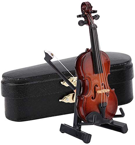 8cm hoogte mini miniatuur viool houten instrument model met stand, boog en geschenk doos mini muziekinstrument miniatuur poppenhuis model hoofd decoratie