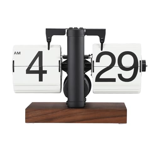 Grote gladde nummers en Retro Design Flip Clock met houten voetstuk digitale Flip Clock Automatic, Flip Up Clock Retro Flip Clock voor woonkamer, 12 uur (zwarte frame