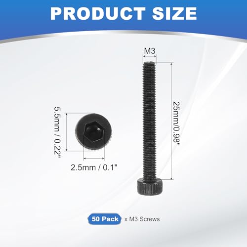 M3 x 25mm Hex Socket Head Schroeven 50 Pack 12.9 Degree Carbon Steel Hex Socket Schroef met Hex Key Black