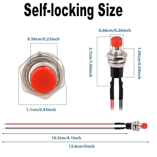 4 st. 7mm Pre-Wired Mini Zelfrem duwschakelaar, AAN/UIT 2 Pin Rond duwknop voor auto, boot, Arduino, DIY, AC 250V/1.5A, 125V/3A, Mini duwknop (rood)