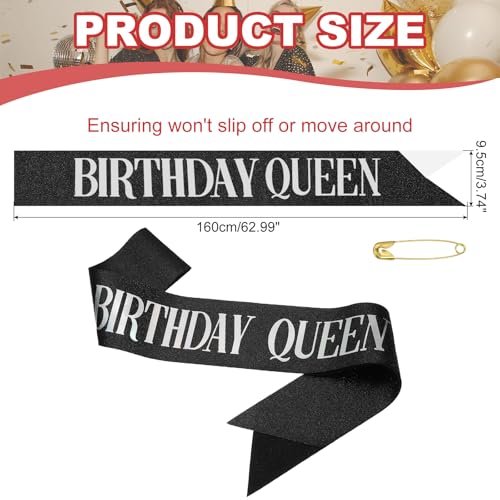 Verjaardag Meisjes Sash, Glitter Verjaardag Sash voor vrouwen Satin Queen Sash Party Decoraties met veiligheidsspeld voor feestgeschenken Favors, Zwarte fantasie