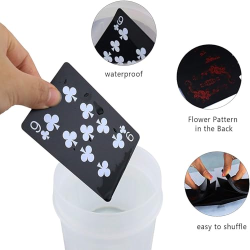54 stuks Poker speelkaarten Black Deck of Poker Card met rozenpatroon en bloemenondersteuning, Classic Magic Tricks Tool - Super waterdicht PVC Kaarten