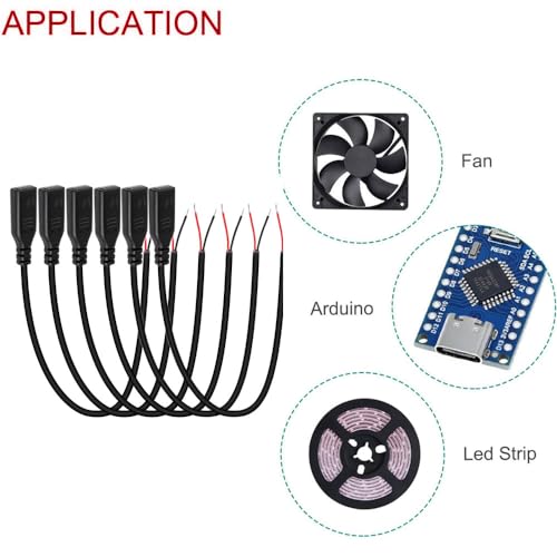 Pack van 5 USB C-aansluitingskabel, USB C-Socket Soldering 22AWG 5V 3A 2 Wire USB C-uitbreidingskabel voor Arduino LED Strips 1 meter 4