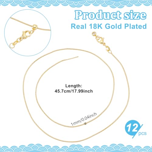 12 stuks messing ronde lankenketting, echt 18K vergulde kettingalsketting 45,7 cm / 17,9 inch, verstelbare schuifnetten voor het maken van sieraden en doe-het-zelfprojecten