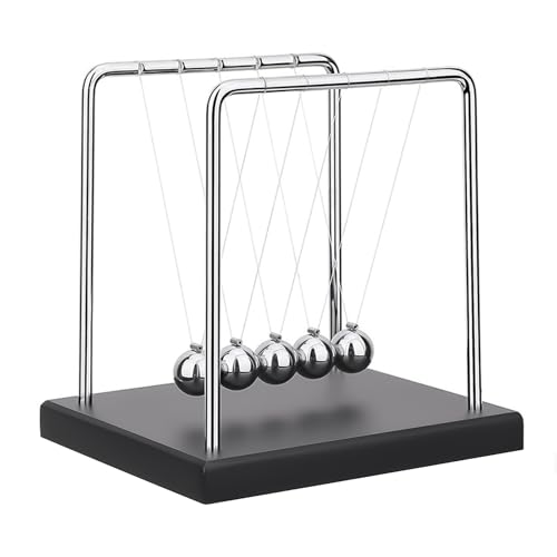 Newton's Cradle Balance Ball Speelgoed, Steel Bureau Decoratie met houten basis voor Office en Home, Natuurkunde, Wetenschap, Kineetisch, 5-Ball Swinging Ontspanning Tool, 19,5 x 12 x 15 cm, Zilver