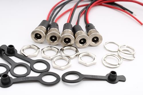 5Scs Power Jack Socket 5.5 x 2.1mm, Vrouwelijke DC 12V 10A Holle Plug Bushing Panel Mount Kit, Low Voltage Connector met Kabel 15cm + 5x Rubber