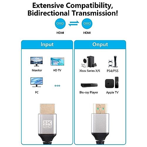 HDMI 2.1 kabel 8K Ultra High Speed 48 Gbit/s kabel ondersteunt 8K@60HZ, 4K@120HZ 144Hz eARC HDR10 4:4 HDCP 2.2 en 2.3 Dolby 3D, VRR, Ethernet, compatibel met de nieuwste spelconsoles