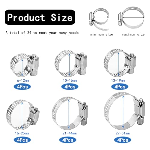 Slangenklemmen, Set van 24, 6-51 mm, slangklem, 304 roestvrij staal, verstelbare slangklem, voor zwembad, wasmachine, vijver en tuin (6 maten)