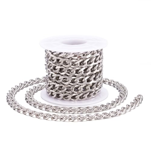 3M Facet messing Curb kettingen 10 x 6,5 x 1,8mm Diamond Cut kettingen Twisted dikke Link Extender Kettingen met Spool voor DIY ketting sieraden maken, Platinum