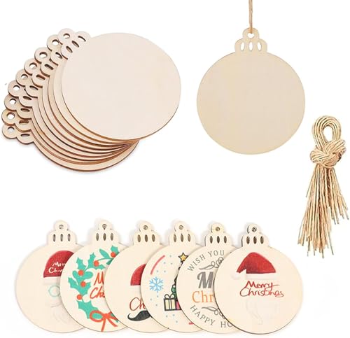 Verpakking van 50 kerstboom decoraties Houten hangers 8 cm Kerstversiering Houten hangers met koord DIY Kerstboom hangen Ornamenten werk Handgemaakt voor kerstversiering Kerstbal