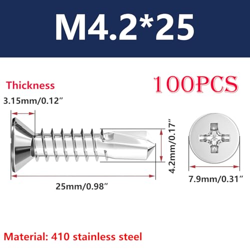 Verpakking van 100 zelftappende Phillips Schroeven, M4.2x25mm, Zelfborende Schroeven voor gipsplaten, Hout