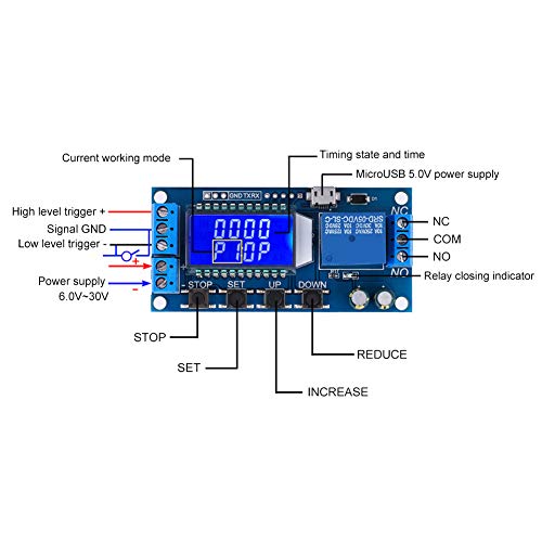 Tijdrelaismodule DC 6-30 V met LCD display, zelfontspanner, tijdcyclus 0,01-9999 min, houder voor micro USB 5 V, voeding, met bescherming tegen omgekeerde aansluiting 4