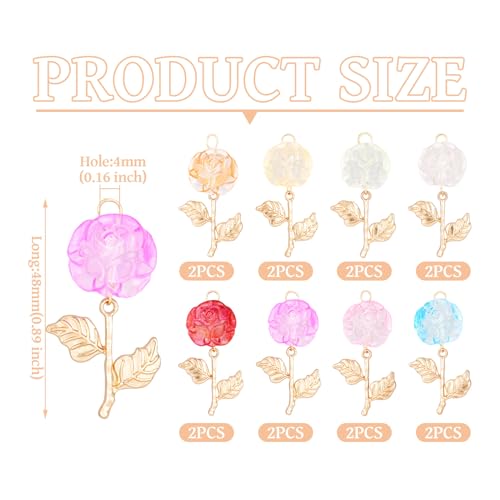 16 st. Rose Charms Transparante kleurrijke acryl & legering bloem hangers kleurrijke rozenkrans met gouden bladbloesem Charms voor DIY ketting oorbellen sieraden maken, acryl, acryl 4