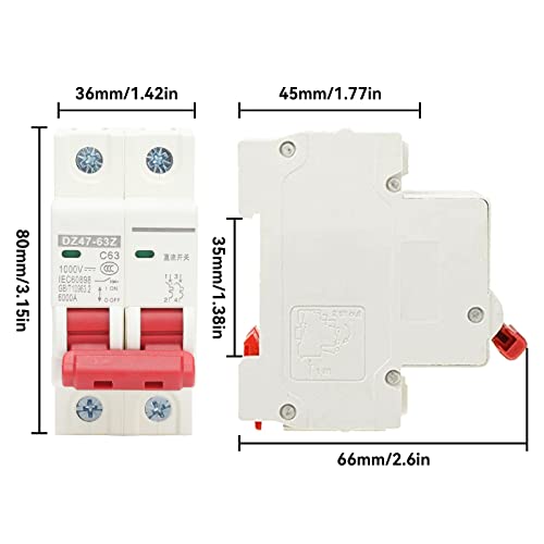 1000V DC miniatuur Circuit Breaker 63A 2P Din Rail Mount Home Overload bescherming Luchtschakelaar voor Home Verlichting distributielijnen Zonne-PV-systeem DZ47-63Z C63