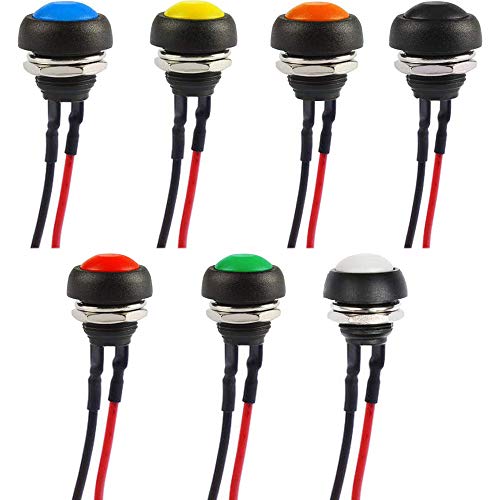 Moment Push Switch, 12mm Mini Moment Push Knoppen, ON-OFF Waterdichte drukknop voor auto, boot, Arduino DIY ronde, 7 kleuren (met draad), 7 stuks