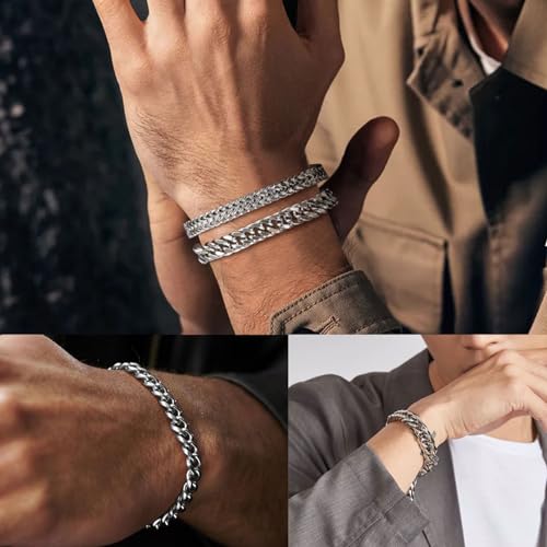 2 stuks roestvrij stalen armbanden voor mannen, zilver, stoeprand ketting, heren armband, zilveren armband mannen, paar armbanden jongens, zware schakel armbanden voor mannen, mannen armbanden voor vader, zoon 5
