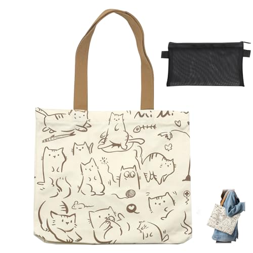 Tote Tassen voor vrouwen, Herbruikbare schattige grote kat Tote Bag Canvas Tote Bag met rits en Pockets Canvas Shopping Bag, met Mesh Bag Gifts voor Cat Lovers voor