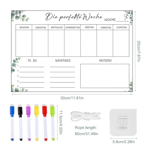 Wekelijkse Planner Wasbaar Wekelijkse Planner Magnetische Acrylic Dining Planner Week 30 x 20 cm Family Planner Planning Boards Whiteboard met 6 Wis Markers 1 Haak Witte koord Weekkalender Planning Board