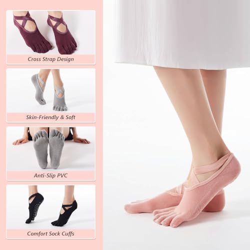 Yoga Sokken, Non-Slip Pilates Sokken met riemen, Cotton Socks met vijf teen Grips, Sweat Absorptie, Geschikt voor Pilates, Ballet, Barre, Barre, Barre, Barefoot Training, Dansen 4