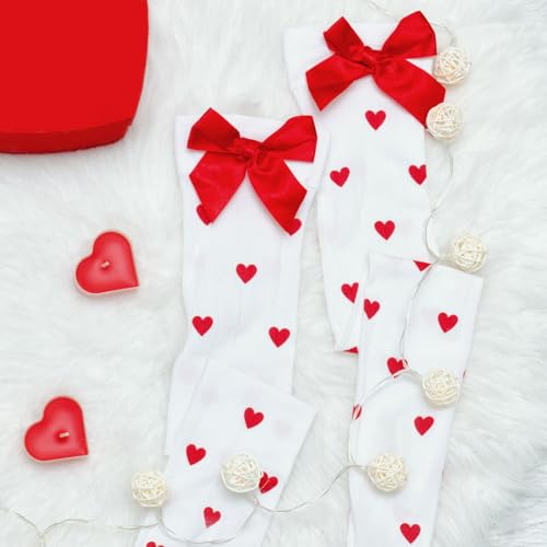 1 paar witte hoge hoge sokken rode hart knie hoge sokken met Bows Opaque Over knie witte sokken voor vrouwen Valentijnsdag Kerst Halloween Party Gifts, White & Red, 37-40 EU, wit & rood 3