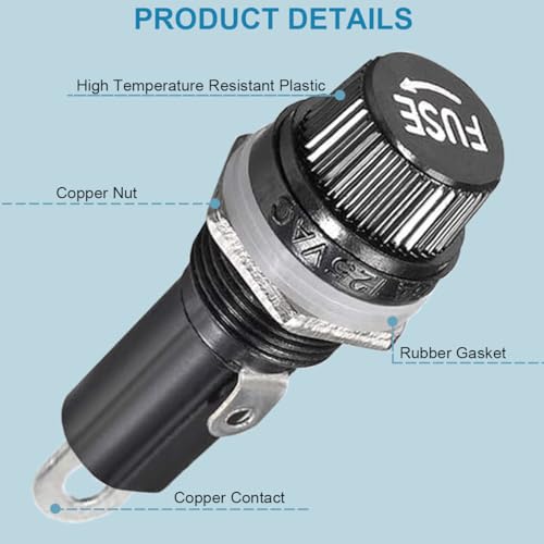 Fusehouders voor paneelbevestiging, 6 x 30 mm, 250 V, AC 10 A, 125 V AC 15 A, Fuse houder met zwarte schroefdop voor automatische stereoradio, huishoudelijke apparaten, Pak van 10 4