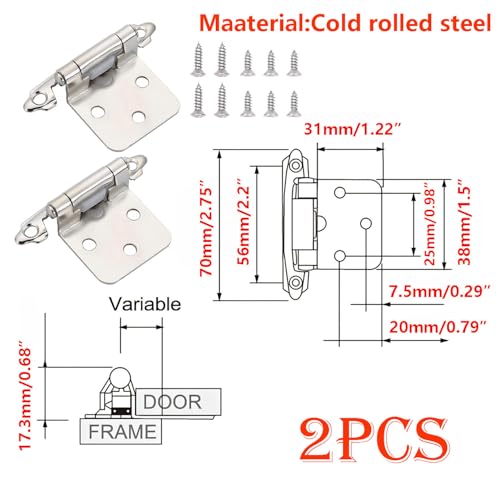 2 stuks Meubilair Kast Scharnieren, Overlay Kabinet Scharnieren 1/2 Inch, Keuken Kabinet Deur Scharnieren voor thuis, Keuken, Slaapkamer, Zilver