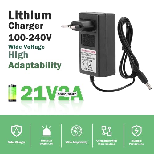 Lithium Ion Battery Power Adapter, AC 100-240V DC 21V 2A replacement Charging Power Adapter, Professional Adapter Charger, Multiple Protection(EU)