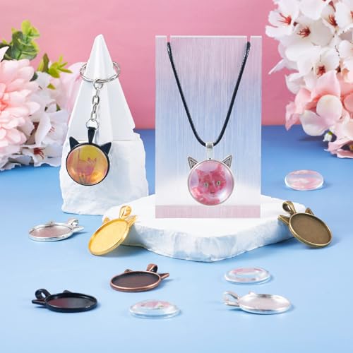 24 Set Kitten Hanger Maken Kit 25 mm Kat Cabochon Instellingen Dier Legering Hanger Trays Transparant Glas Cabochons voor Scrapbooking Sieraden Kunst Maken Telefoon Case Accessoires Craft