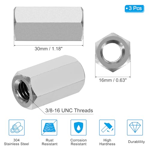 3/8"-16 UNC 304 Roestvrij stalen Hex Koppelmoeren, 3 st 1.18" Lengte Volledige draad Staaf-Grote Koppelmoeren Koppelaar, Bevestigingen, Zilveren Toon