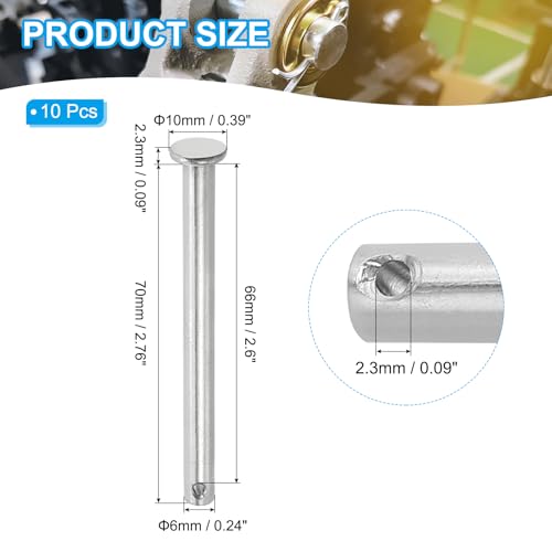 6 x 70mm Single Hole Pins, 10st Roestvrij staal 304 Platte kop voor deurringen systemen, zilver
