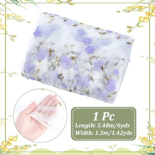 6 meter Geborduurde bloemstof, 1,3 m ras verzorgd kan afwerkingsweefsel van nettof vezelborduurwerk tule stof mest mest mest materiaal voor juuren knutselwerk gordijnen, lila
