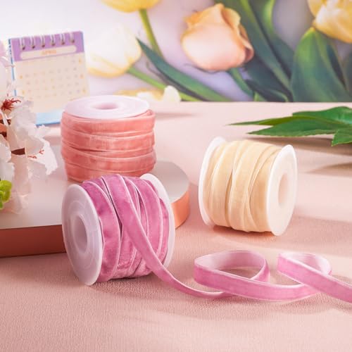 Velvet Ribbons 10mm Single Face Velvet Ribbons Bow Making Libbons 3 Kleuren voor DIY Crafts Cadeau Verpakking Bow Choker haarband, roze en geel en zalm