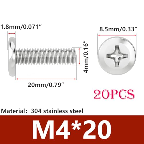 20 st. Platte ronde kop omgekeerde Phillips kop Schroeven M4 x 20mm 304 roestvrij staal Meubels Schroeven voor huishoudelijke bouw