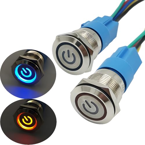 Zelfvergrendelende drukknopschakelaar met Power Symbool, IP67 LED-knop, LED-duwknop voor auto met 23cm Kabelset voor 19mm 3/4 Inch Montagegat, 12V Power, 2 stuks (rood + blauw)