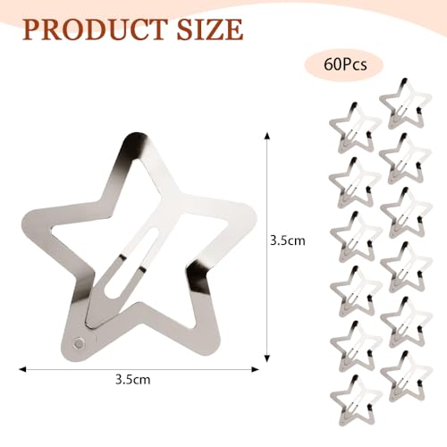 60 Stuks Hair Clips Metal Star Snap Barrettes Silver Star Barrettes Hollow Star Barrettes Non Slip Snap Barrettes Accessoires voor vrouwen Meisjes Mooie Star Headwear