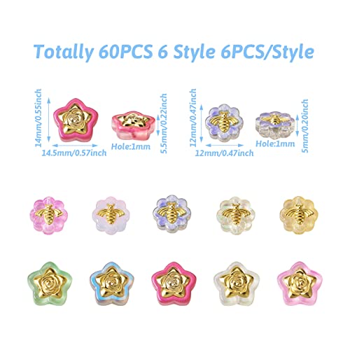60 st Star & Flower Spray Geschilderde Glazen Kralen Bloem met Bijen Messing Ingelegde Glazen Kralen Star Shape met Glitter Poeder Spacer Kralen voor DIY sieraden maken 4