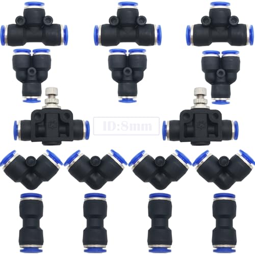 Pneumatische fittingen, 16 st Air Push Quick Fittings Kit, Quick Release Air Slang Connector, voor 8mm PU/PE/Nylon Tube Pipe (Y+T+L+I Type+Pipe Throttle Combo)