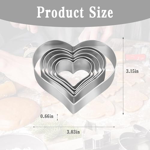 Verpakking van 6 Silver Heart Cutters, 430 Roestvrij stalen Cutters, Cutters, Harten, Wasbaar, voor koekjes, Fudges, Broodvruchten