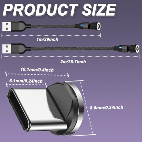 1 Pin Magnetische Charging Kabel, 540° Rotatable USB C Magnetisch Telefoonlader Kabel met LED-licht (2m+1m), met Type-C Magnetische Tips