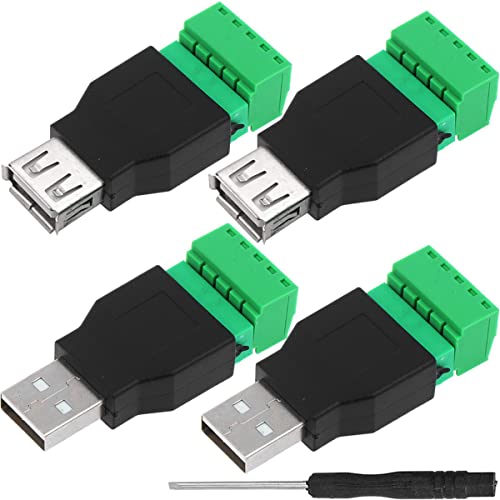 USB-connector type A Schroef Terminal Solderless 5 Way/Pin Block Adapter, USB 2.0 Repair Kit Man Vrouw om Terminals Pluggable Type Converter voor USB-kabel, 4PCS
