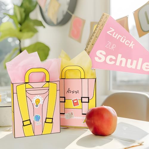 Geschenkzakjes voor de eerste schooldag - 10 stuks papieren zakken met motief en zijdepapier -geschenkverpakking voor de eerste schooldag (roze) 3