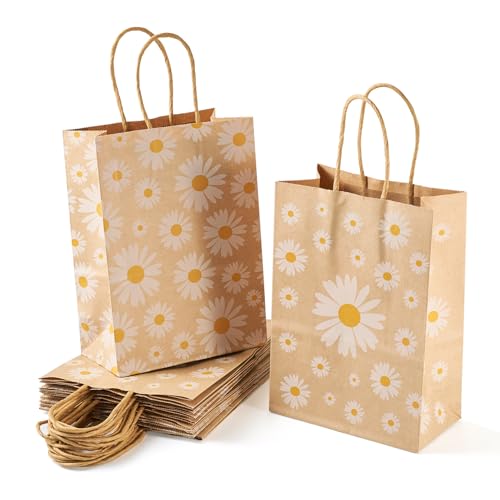 12 st. Paper Bags Daisy Rechthoekige Bag Bloem Kraft Winkelmandjes met handvatten voor kleine zakelijke partij Verjaardag Souvenirs Bruids Douche Bruiloft Retail 20.15 x