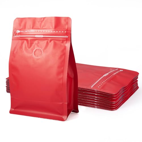10 stuks koffiebonen zakken met klep rits koffie opslagtassen rits zak Rechthoek Flat Bottom Standing Resealable Zakken Heat Sealing Side voor snoep Snake Cookies Opslag, Rood
