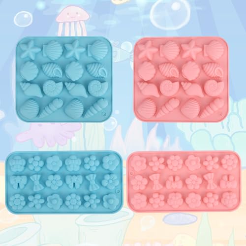 4 Stampi per Fondente a Tema Marino, 2 Misure Blue and Pink Stampi in Silicone a Forma di Conchiglia Stella Marina Accessorio per la Cottura fai da te di Cioccolato Caramelle Argilla