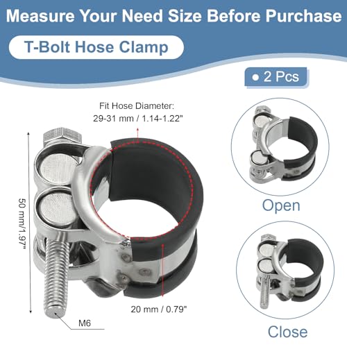 29-31mm T Bolt slang klem, 2st Rubber gevoerde Inlet Intercooler Pijpbuisklemmen 304 Roestvrij stalen Radiator slangklem voor 1.15"-1.2" buis