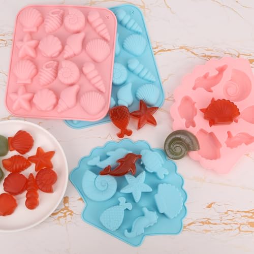 4 Stampi per Fondente a Tema Marino, 2 Misselijke Stampi in Silicone a Forma di Conchiglia Stella Marina Accessorio per la Cottura fai da te di Cioccolato Caramelle e Fondente (Blue and Pink) 5